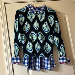 XL blue plaid button up & M cardigan. Crown and Ivy.